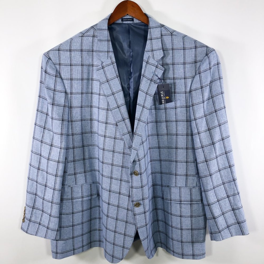 Stafford Blue Brown Windowpane Linen Sport Coat - Picture 5 of 11